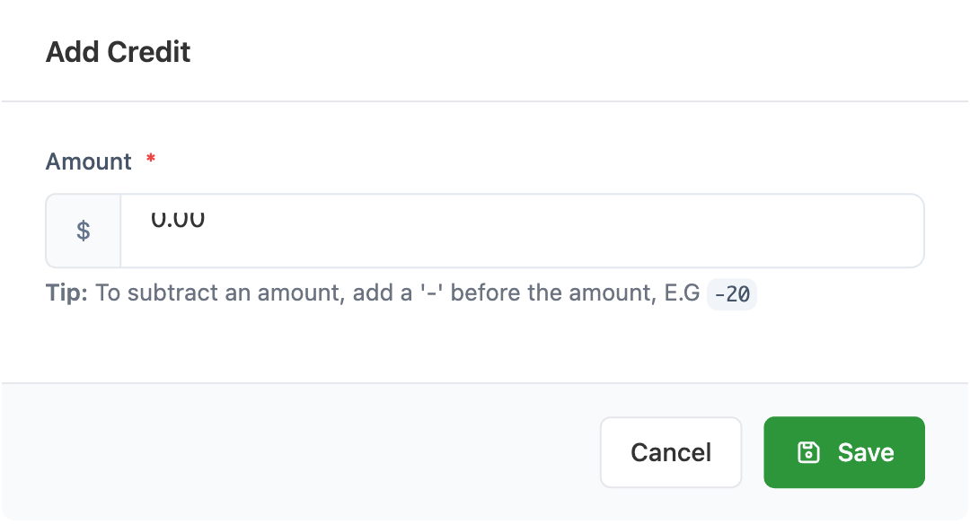 The Add Credit modal with an Amount field and the tip about negative amounts