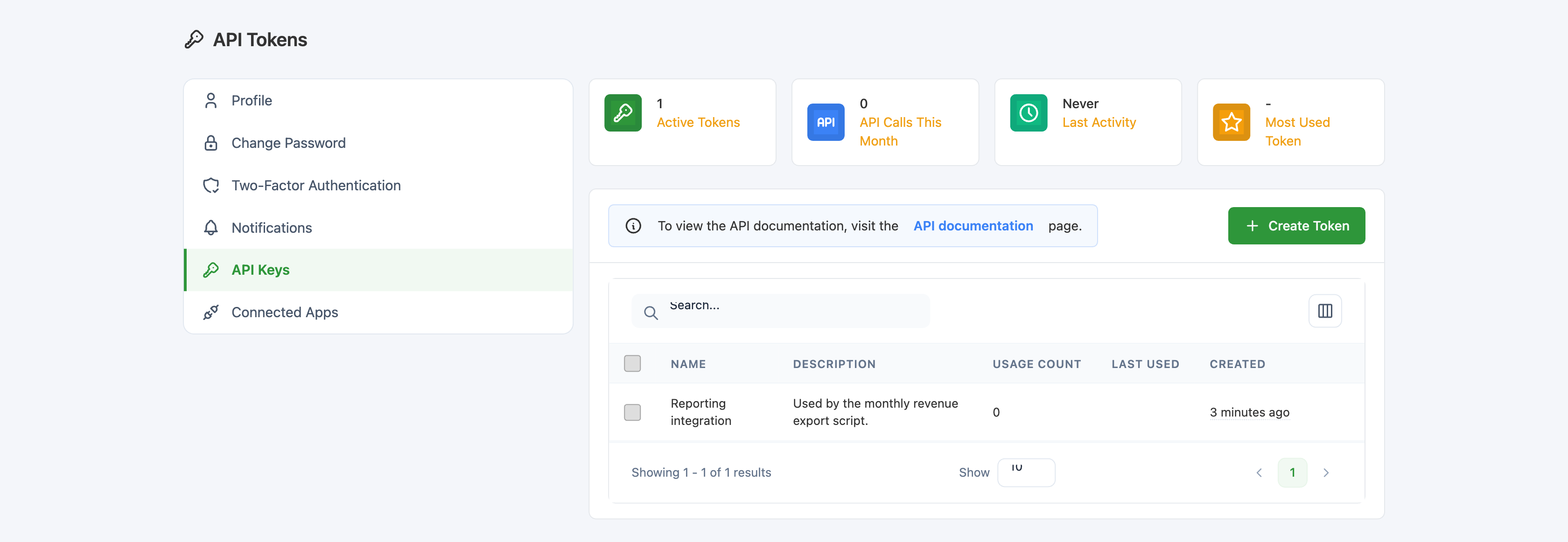 The API Tokens page with the stats row, info banner, Create Token button, and one existing token