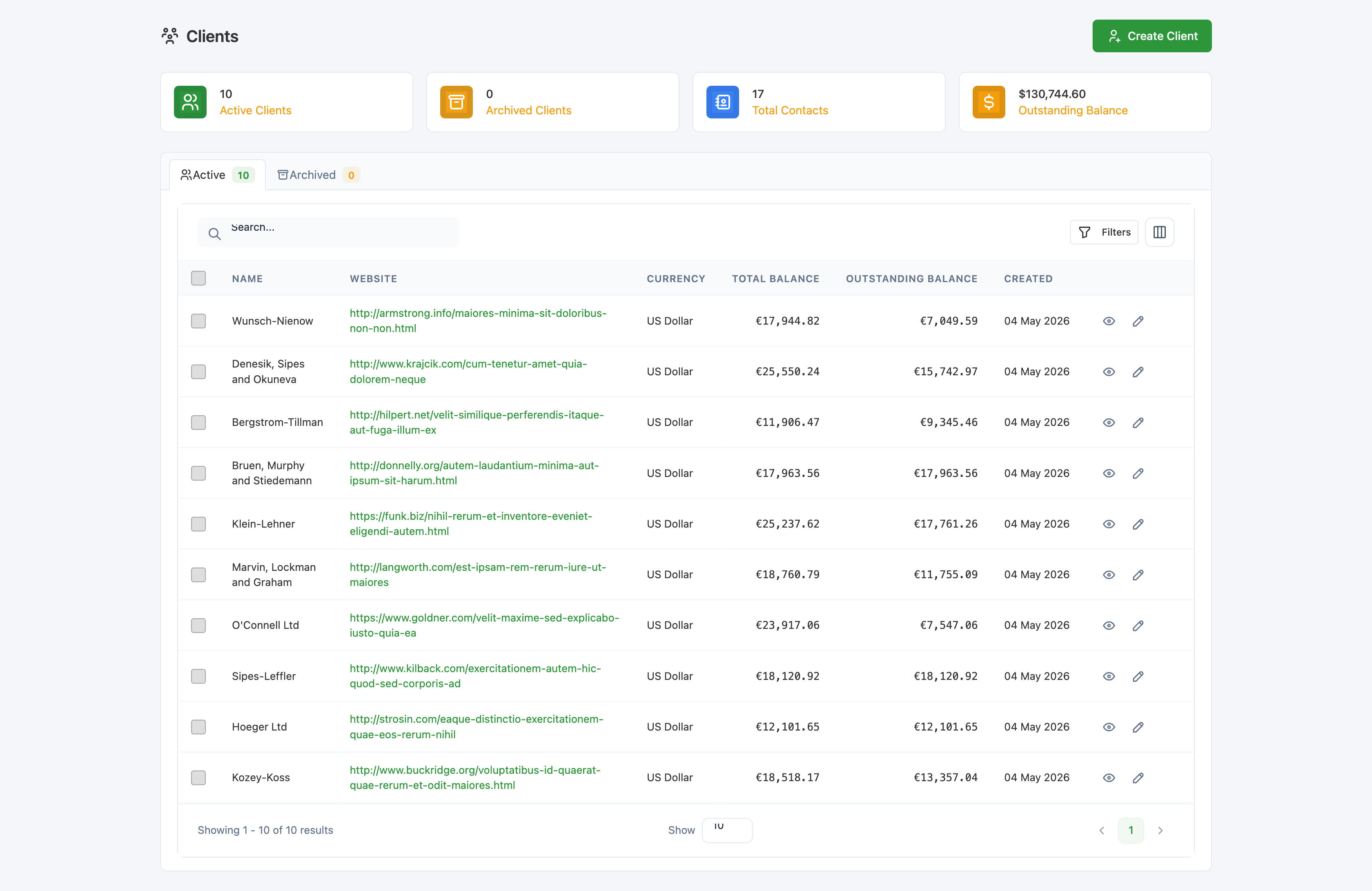 The Clients list with stats row, Active/Archived tabs, and a populated grid