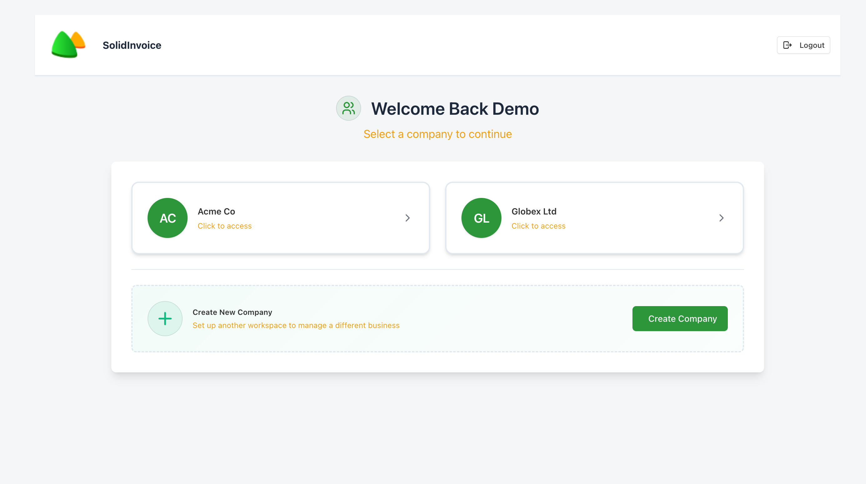 The company picker shown after login