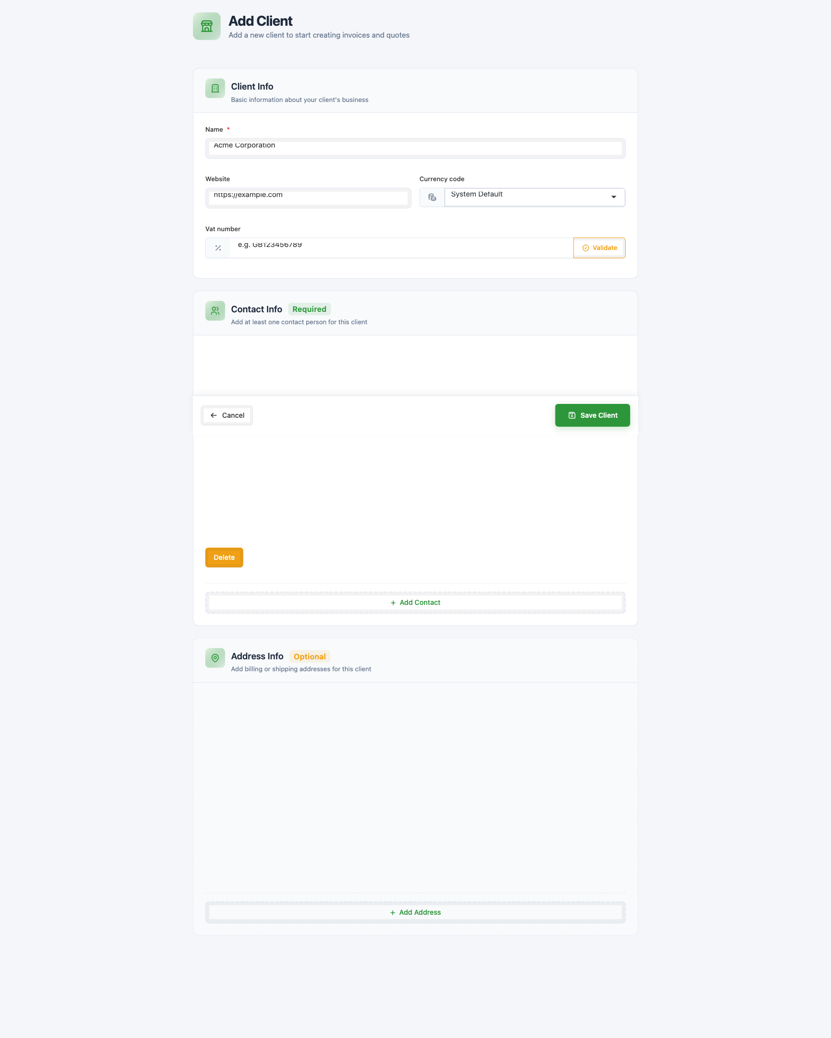 The Add Client form showing the Client Info, Contact Info, and Address Info sections