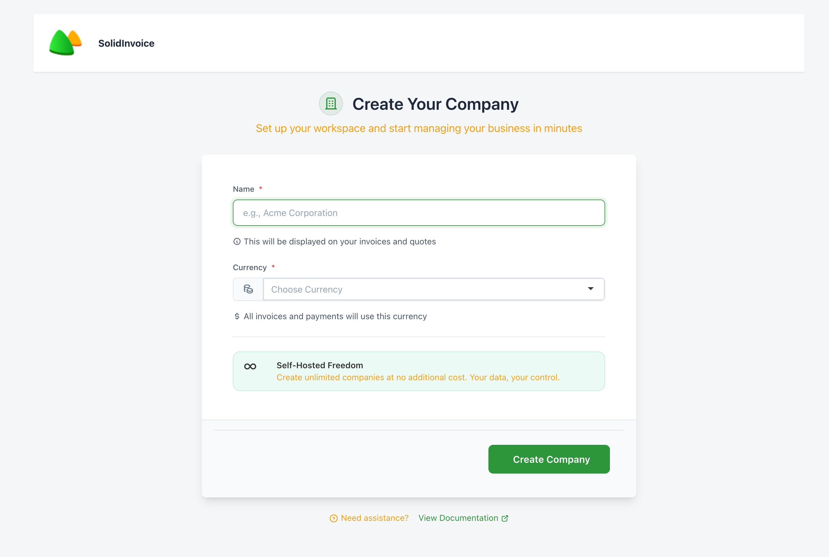 The create-company page on first login