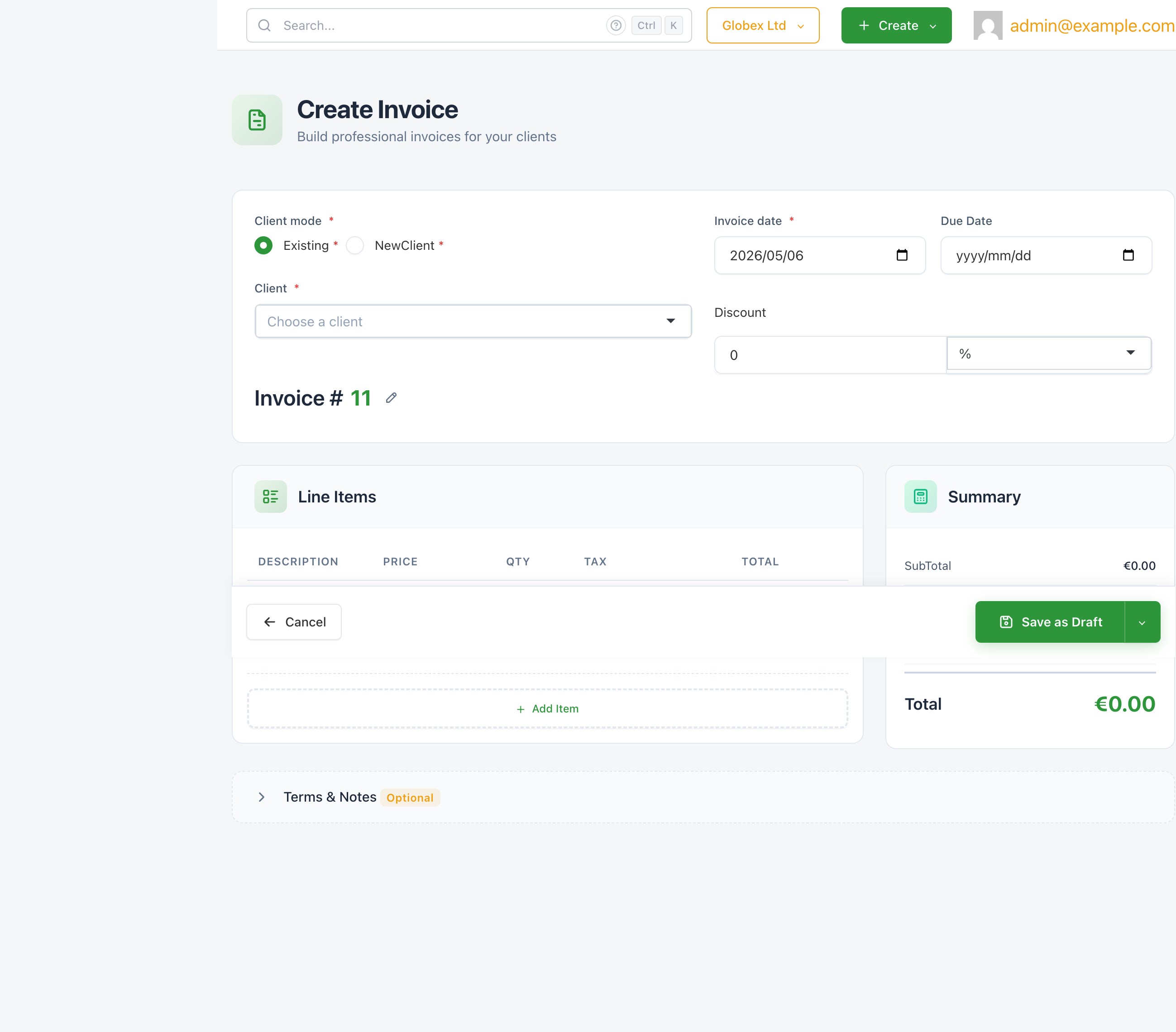 The create invoice form showing the header fields and an empty line items section