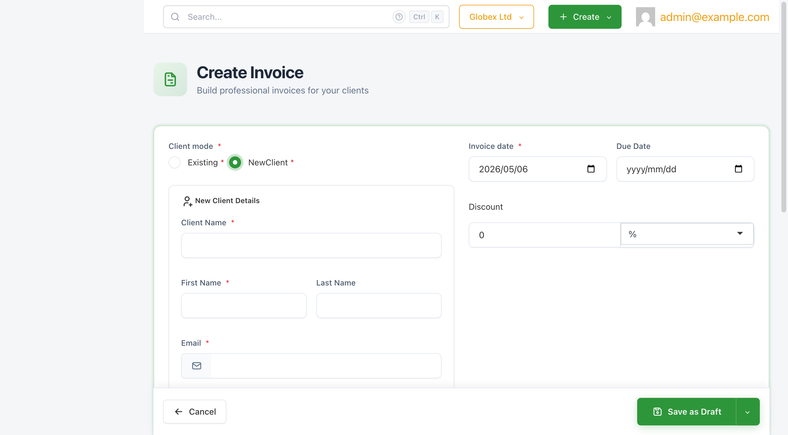 The create invoice form with NewClient mode selected, showing Client Name, First Name, Last Name, and Email fields