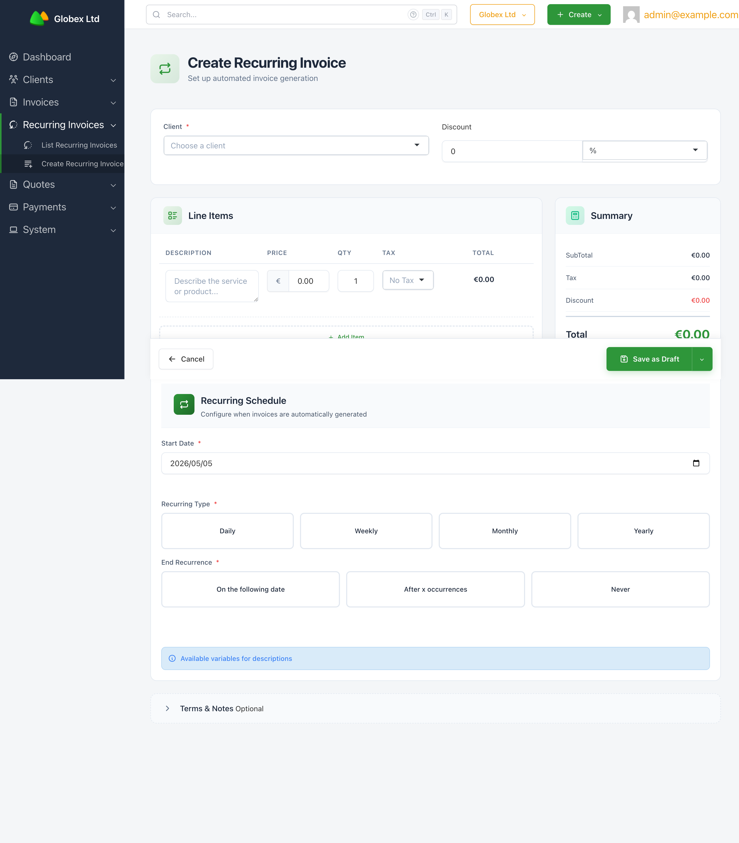 The Create Recurring Invoice form