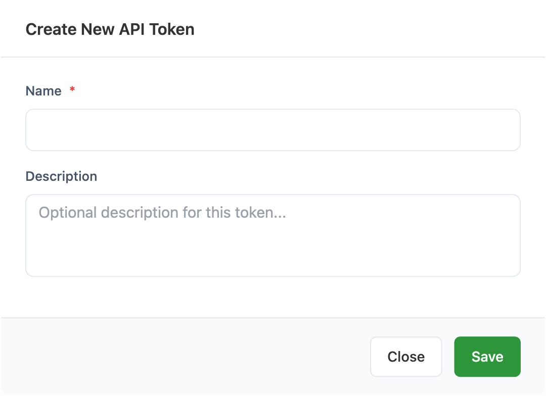 The Create New API Token dialog with Name and Description fields