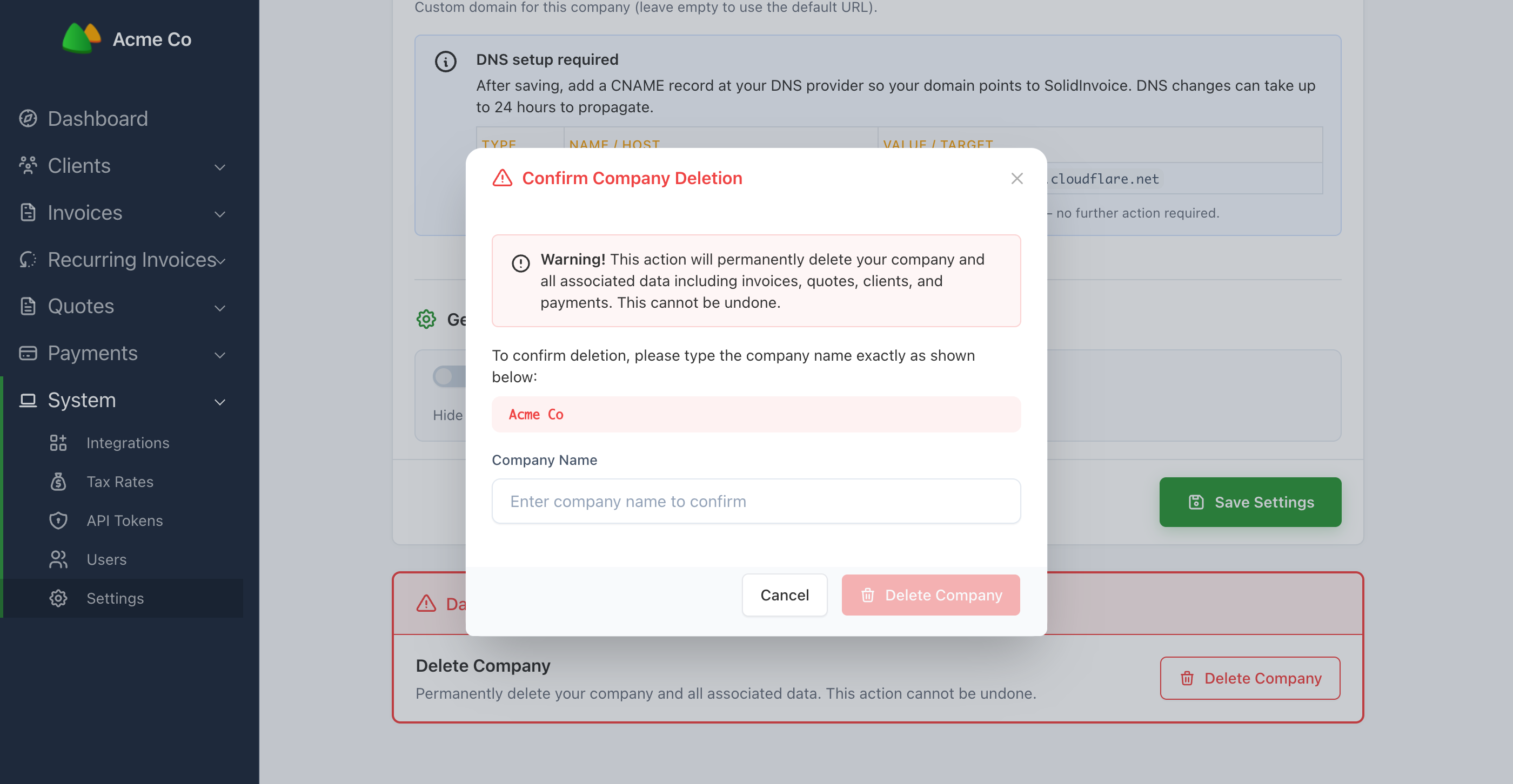 The Danger Zone panel with the Delete Company confirmation modal open