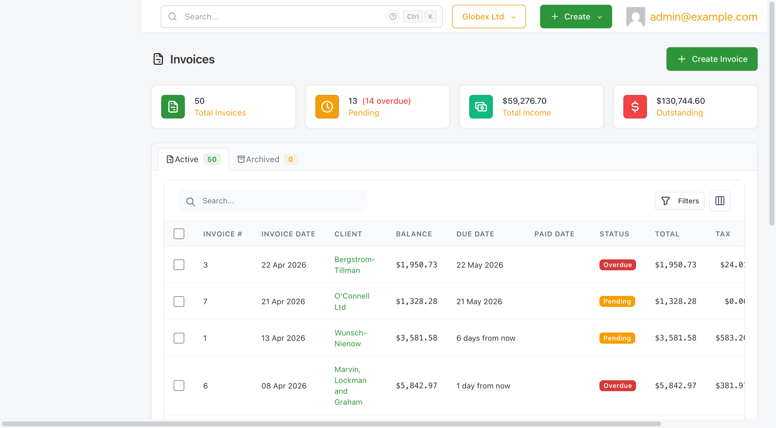 The invoice list with the Create Invoice button