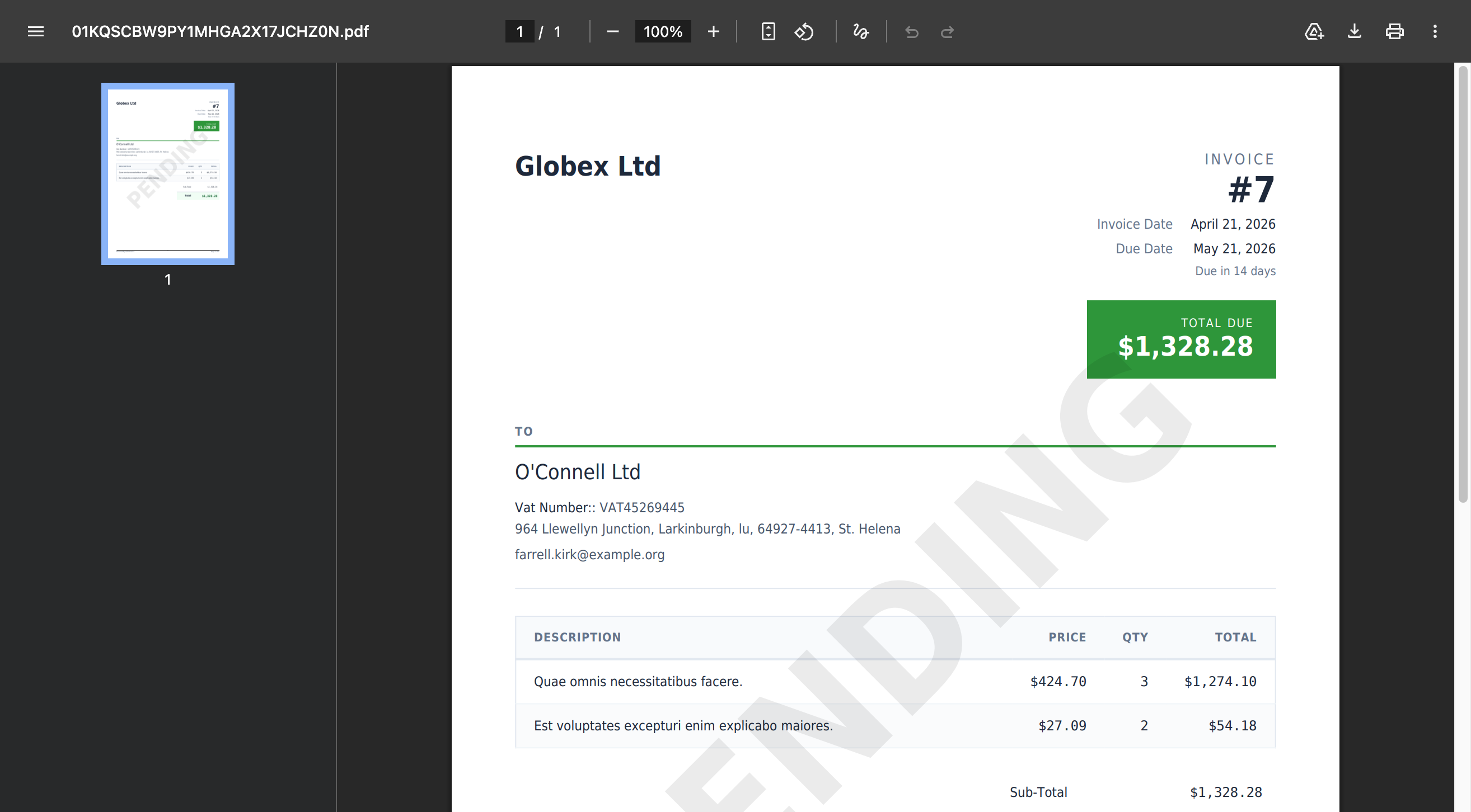 The invoice PDF showing the company name, invoice number, client details, line items, and a PENDING watermark