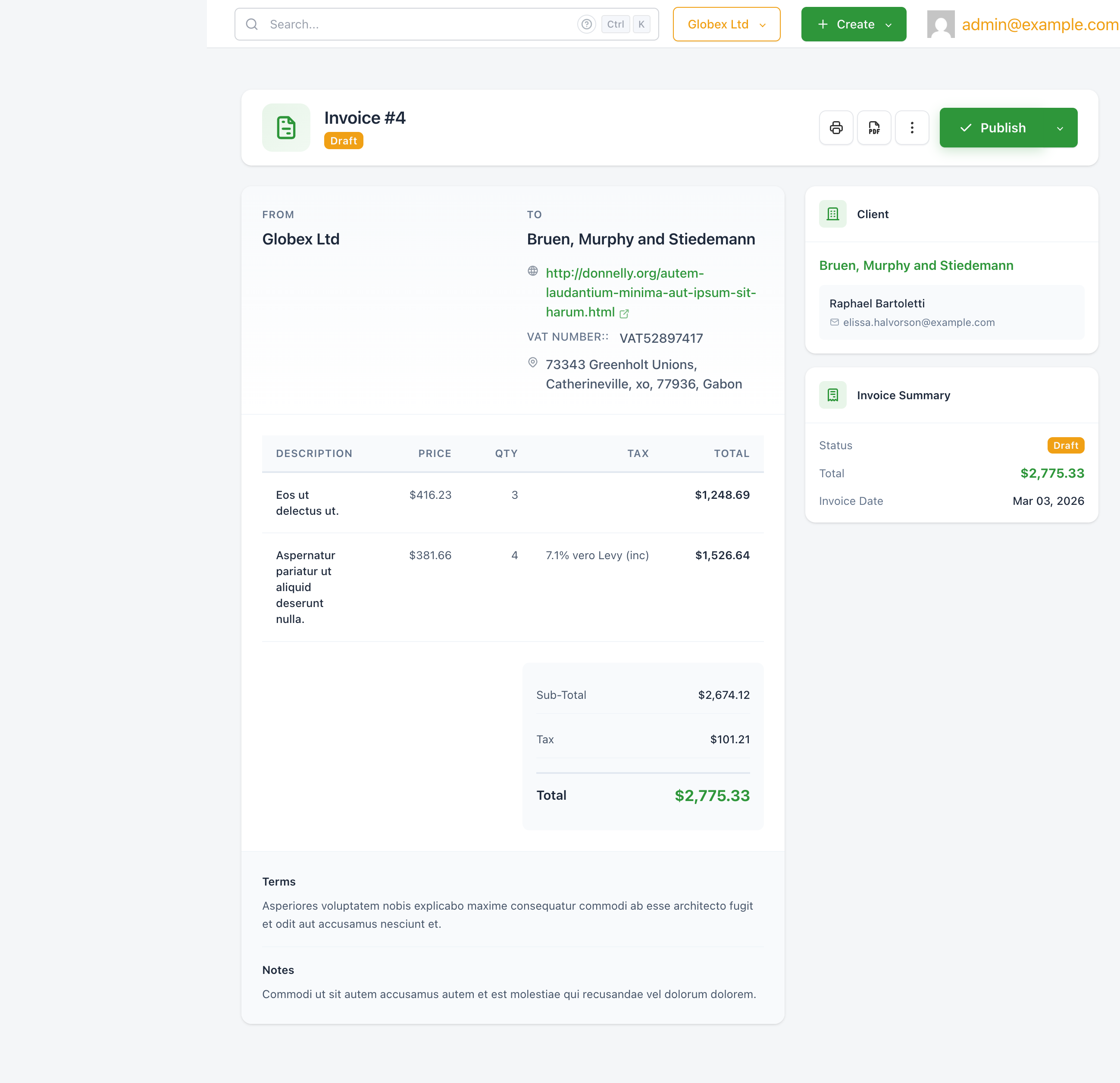 A draft invoice view showing the Publish button in the toolbar