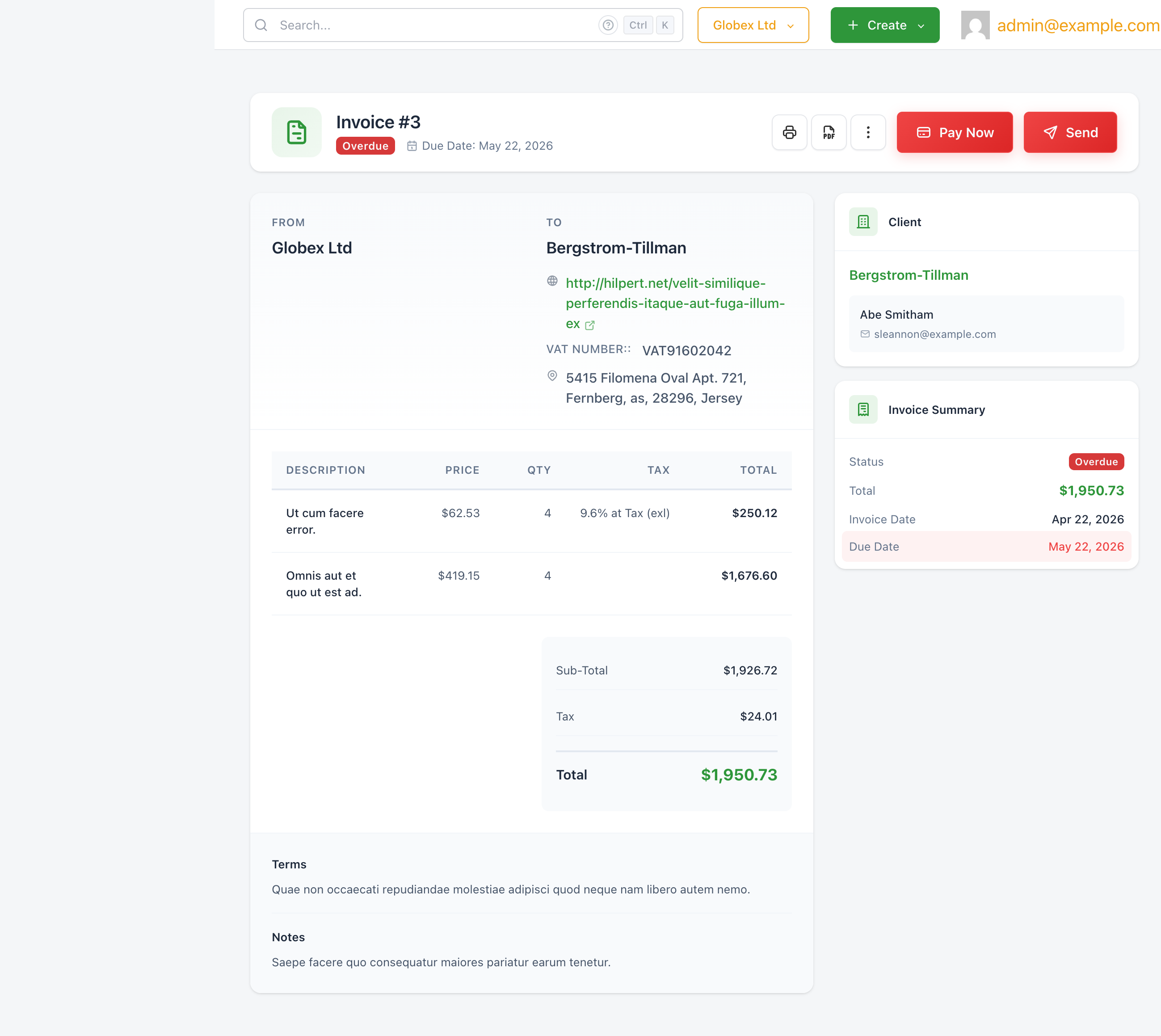 An overdue invoice view with the red Overdue status badge and highlighted due date