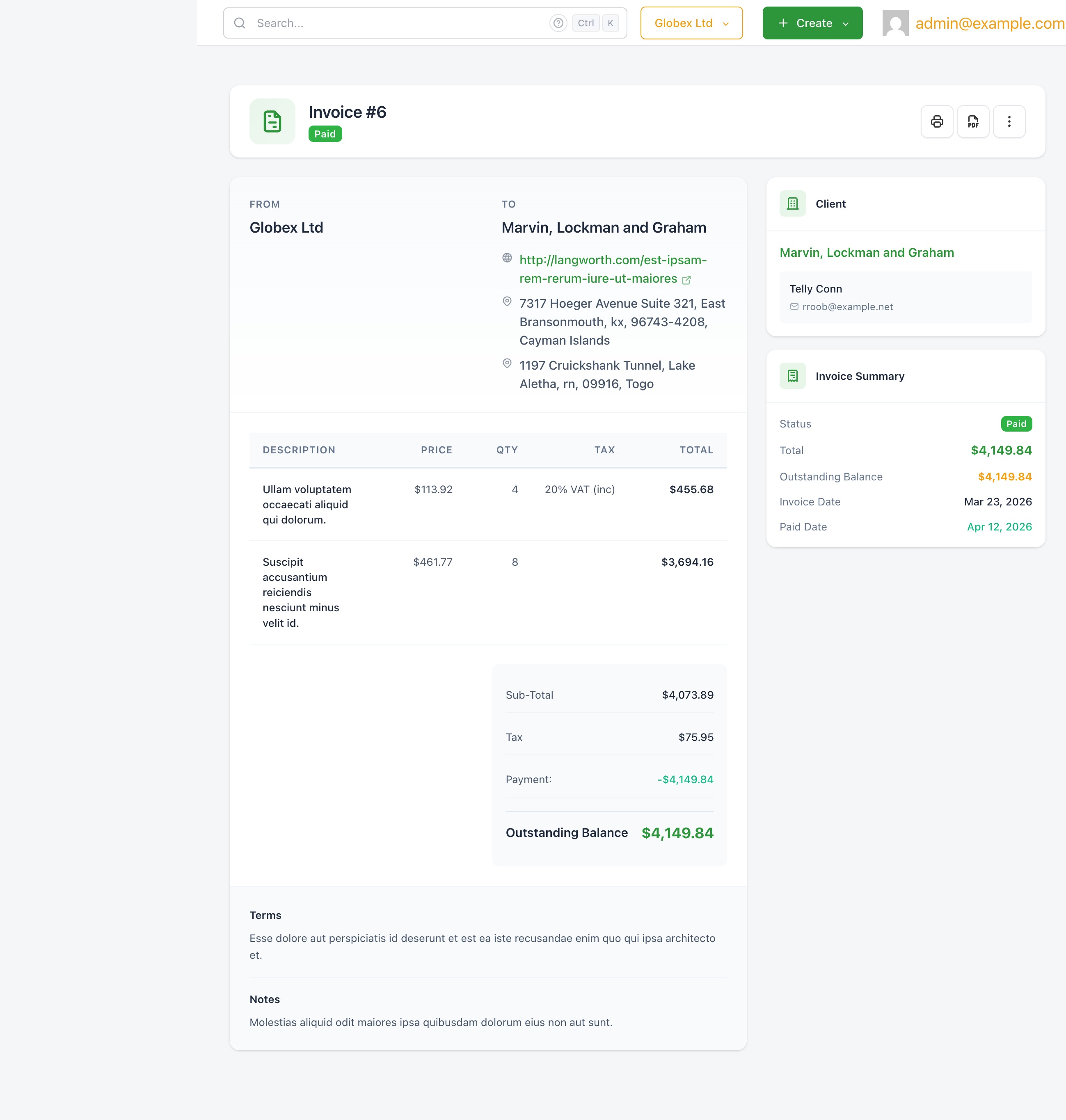 A paid invoice view with the green Paid status badge and paid date shown in the Invoice Summary