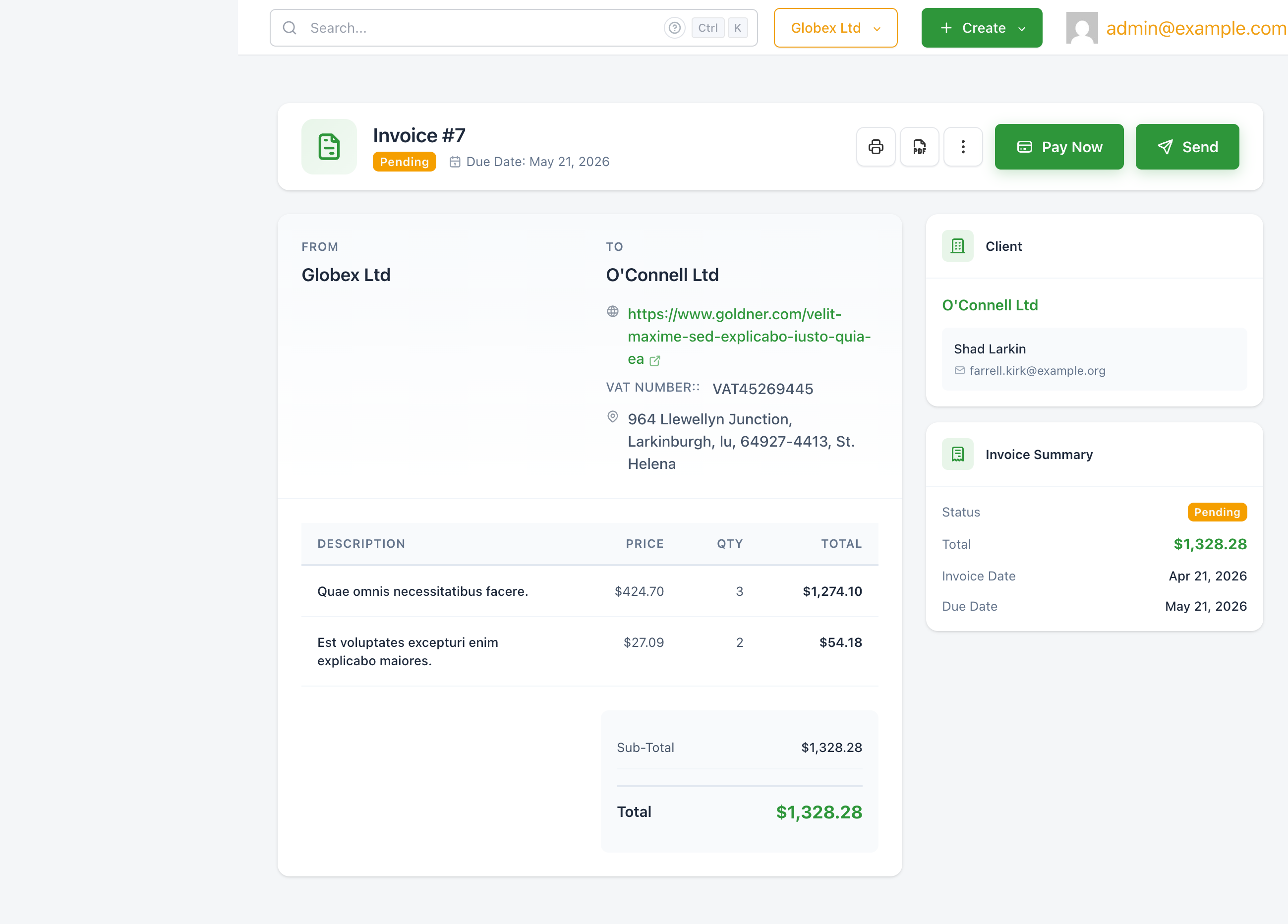 A pending invoice view showing Pay Now and Send buttons and the Pending status badge