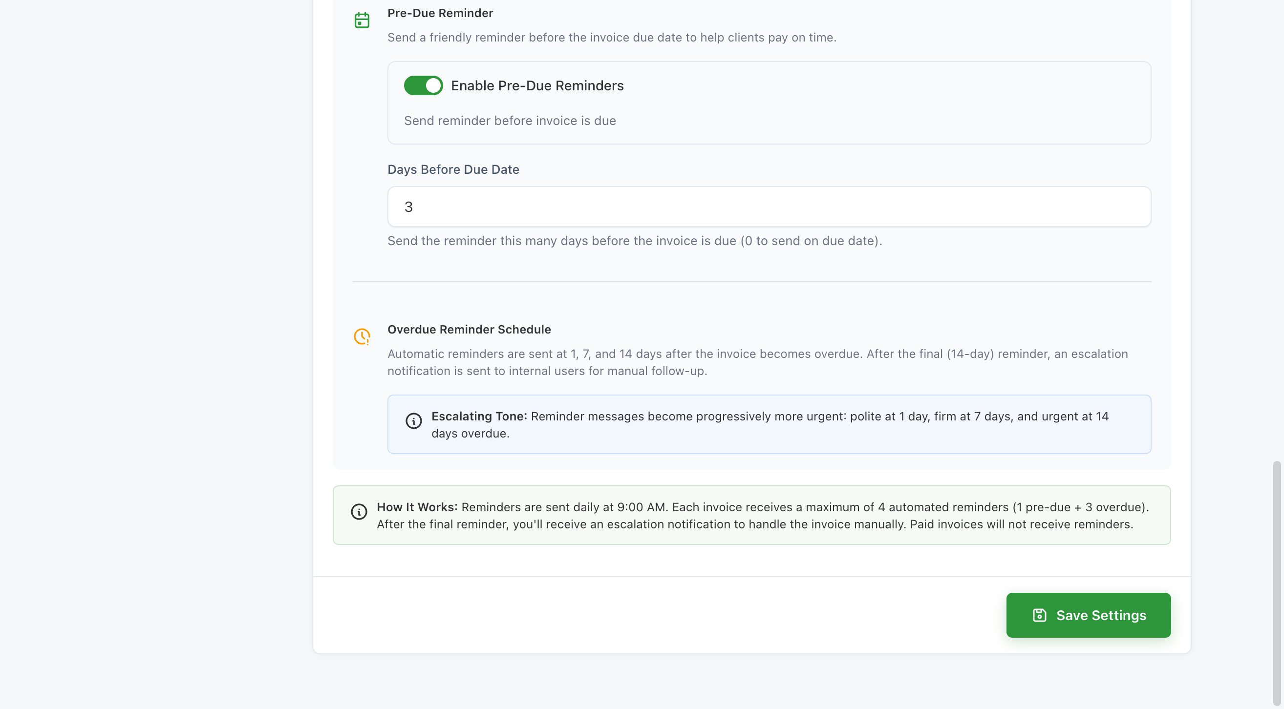 The Overdue Reminder Schedule section showing the fixed day-1, 7, and 14 intervals and the escalating-tone and how-it-works info boxes