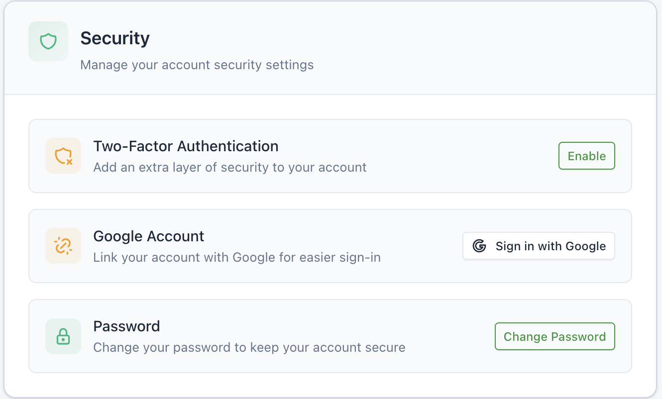 The Security section of the profile page, showing the Google Account row with a Sign in with Google button