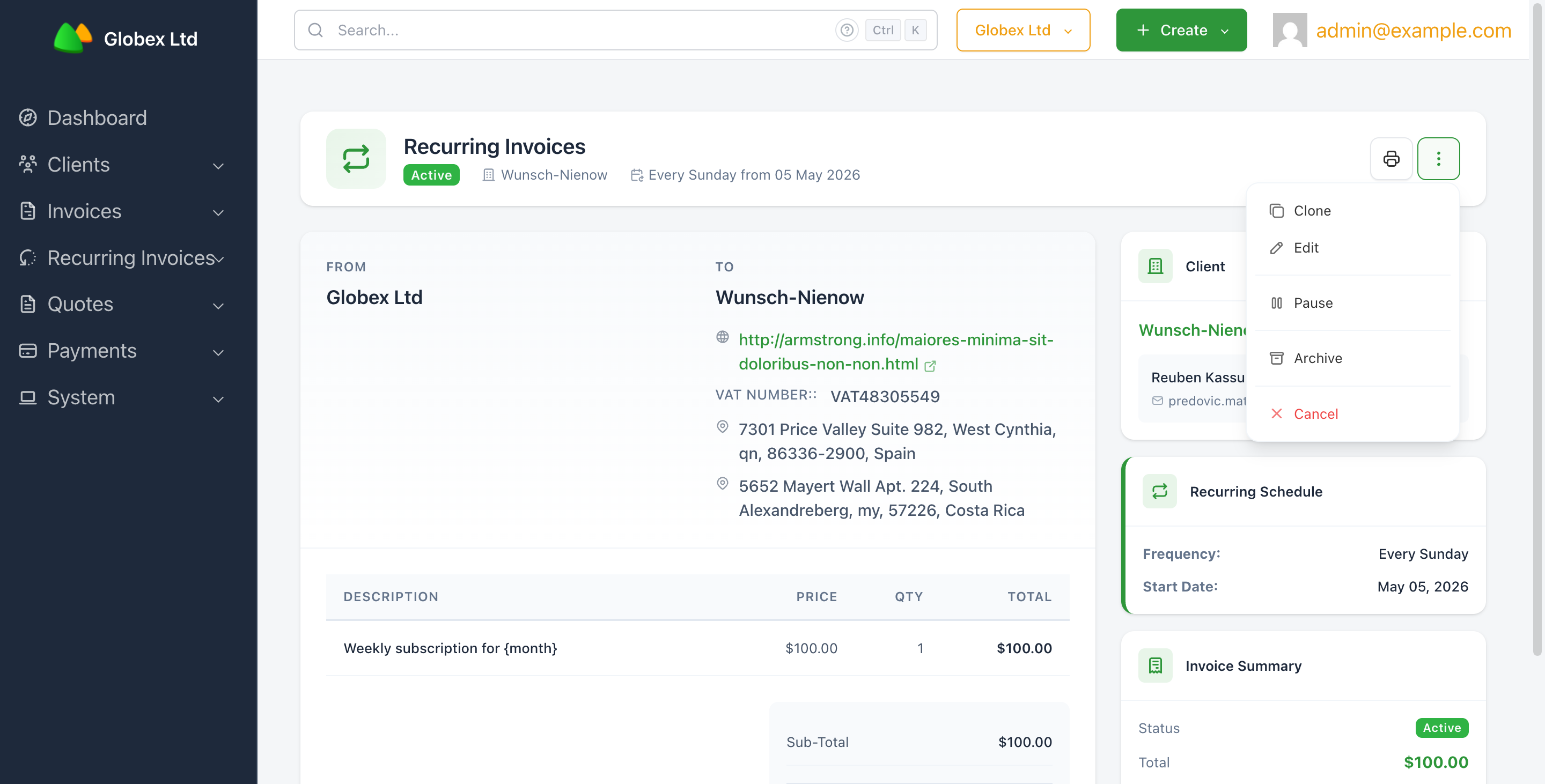 A recurring invoice's view page with the actions dropdown open