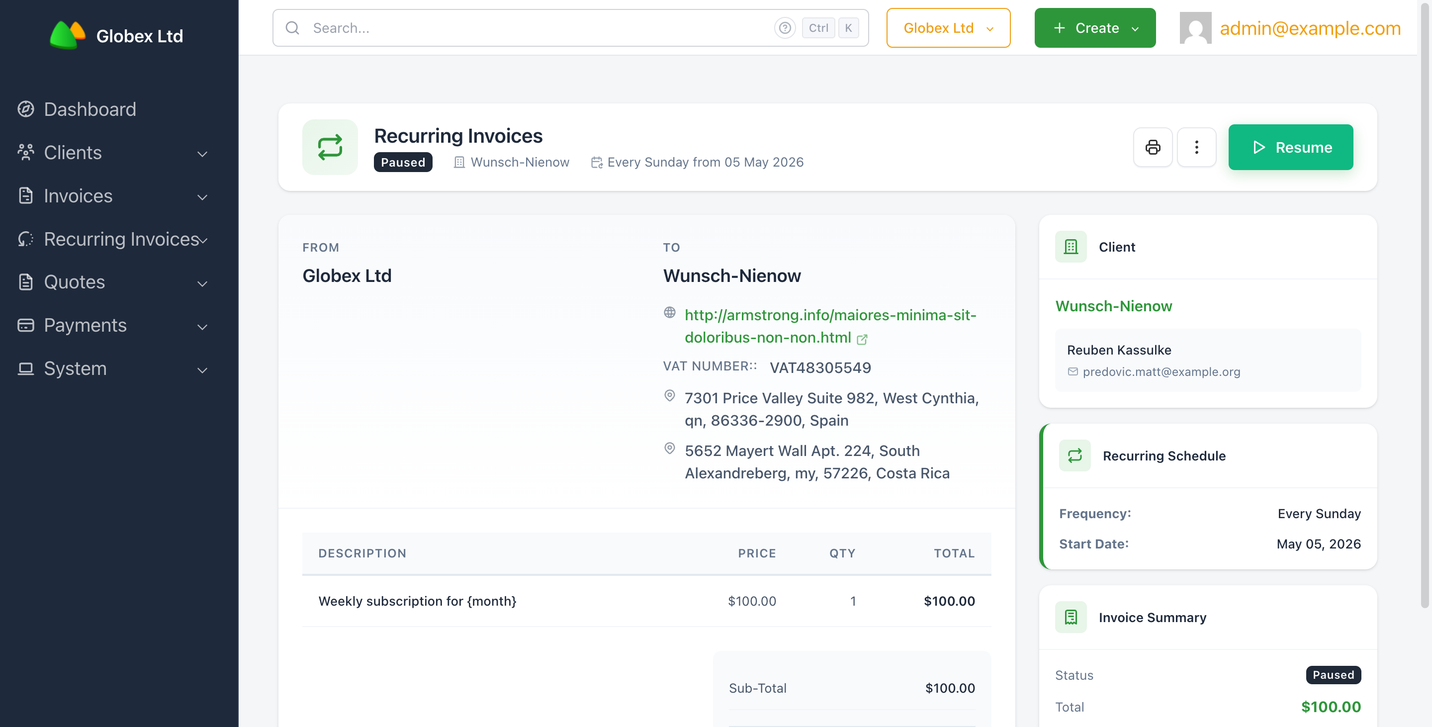 A paused recurring invoice with the Resume button