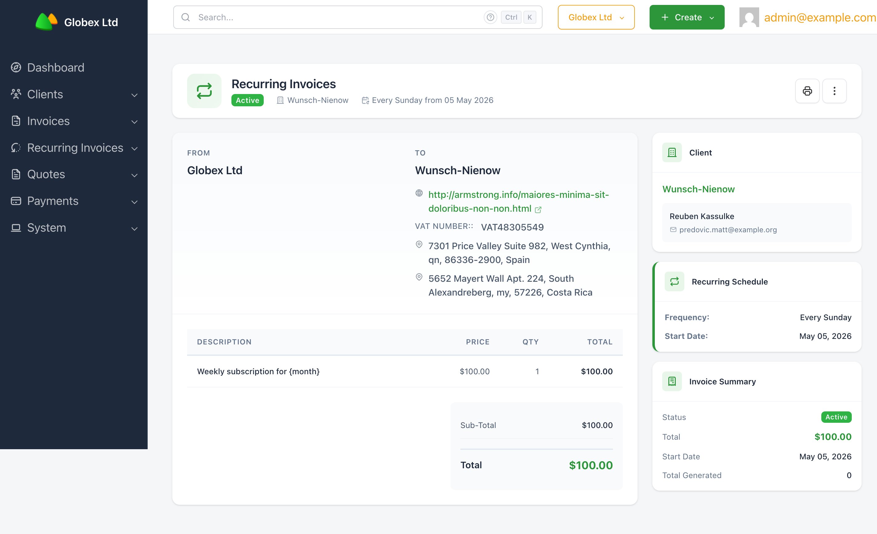 Active recurring invoice view page