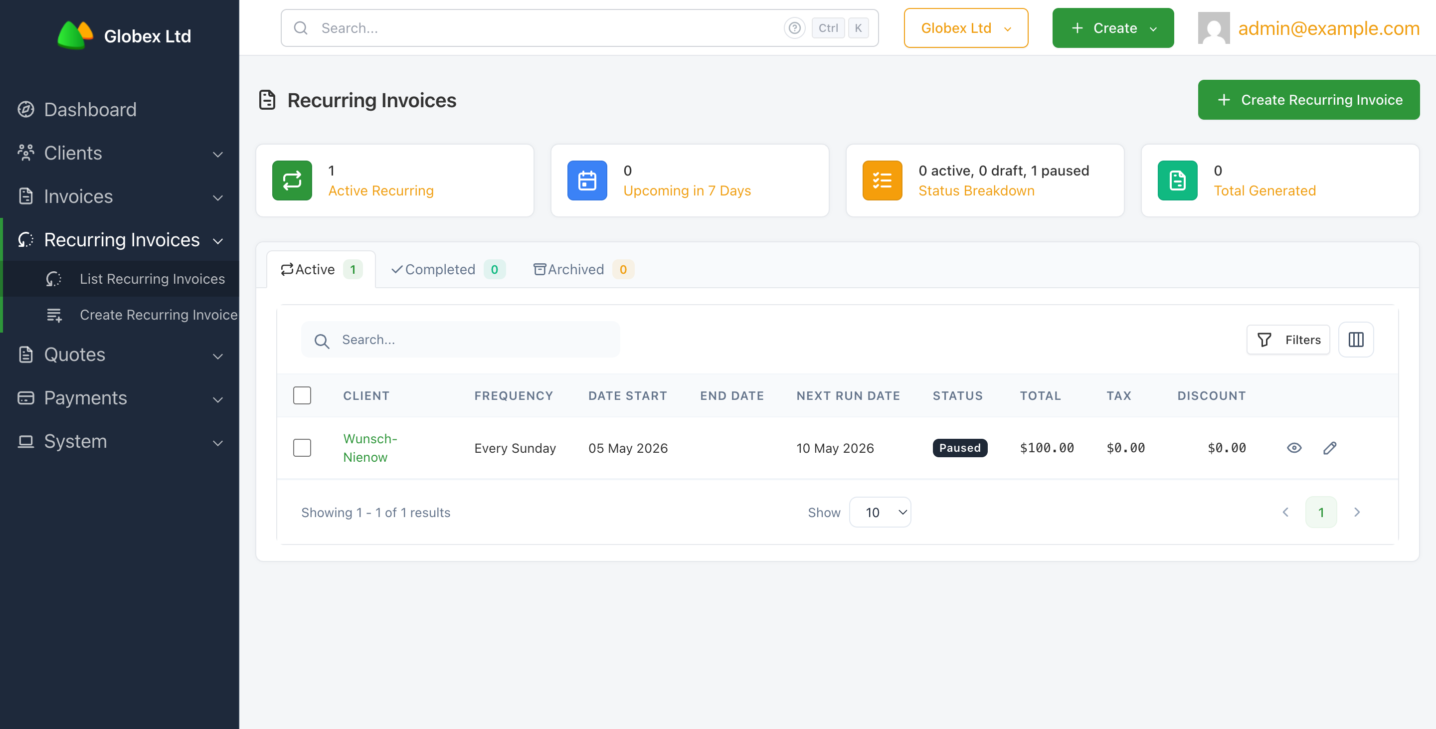 The Recurring Invoices list page with the Create Recurring Invoice button