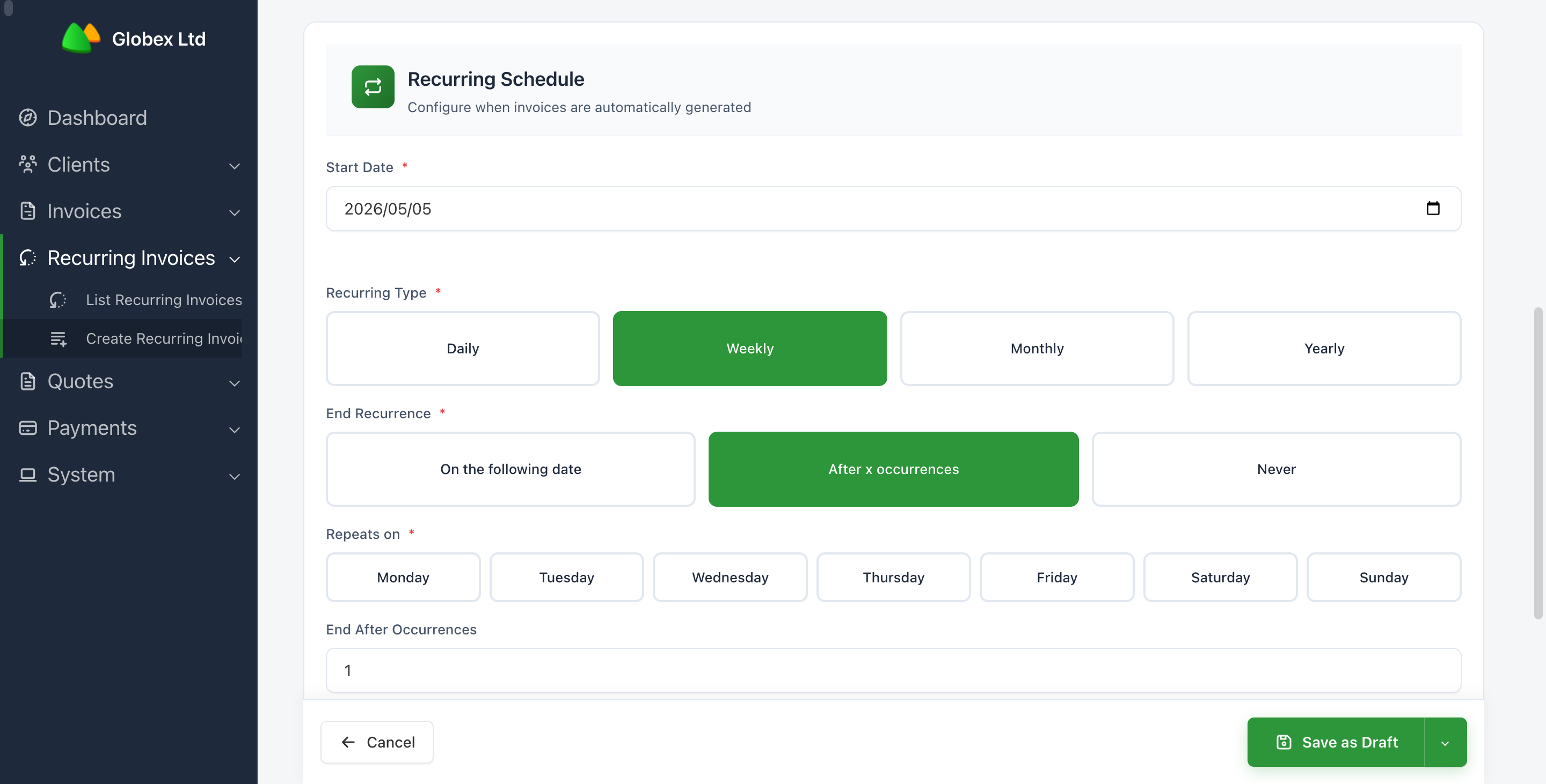 The Recurring Schedule section with Weekly selected