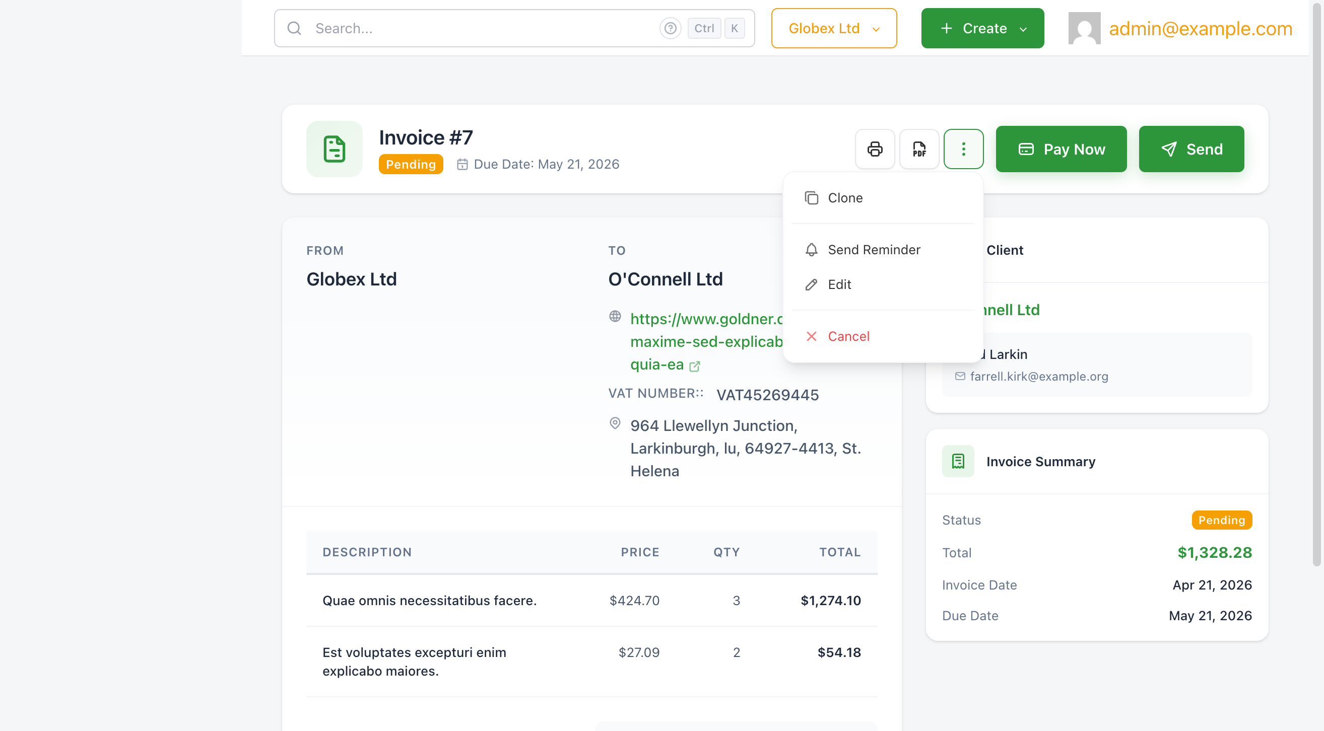 The More Actions dropdown on an invoice view page with Send Reminder highlighted