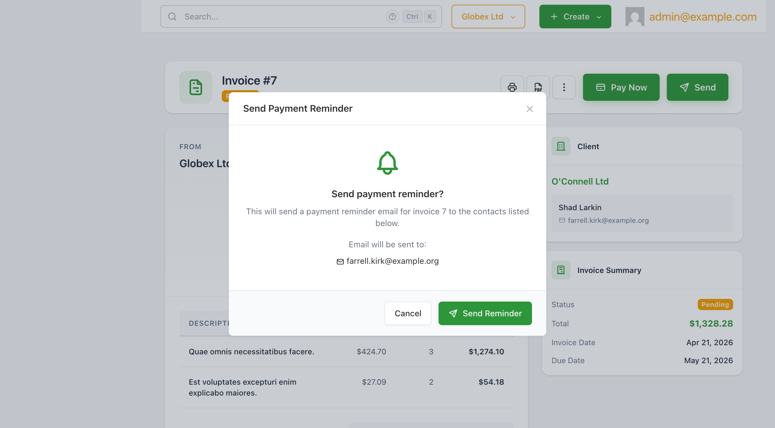 The Send Payment Reminder confirmation modal showing the recipient address and Send Reminder button