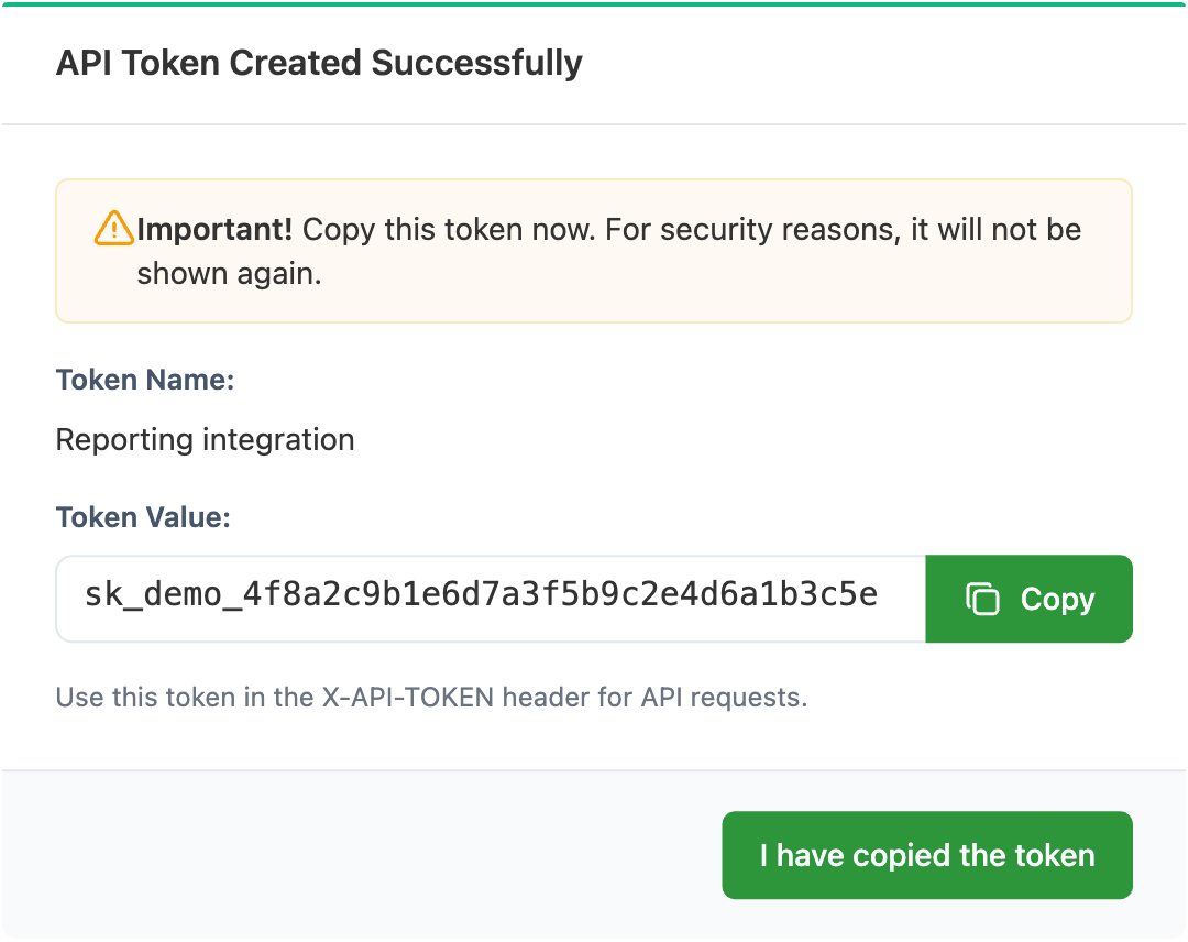 The success state with the token value, copy button, and warning that the token will not be shown again