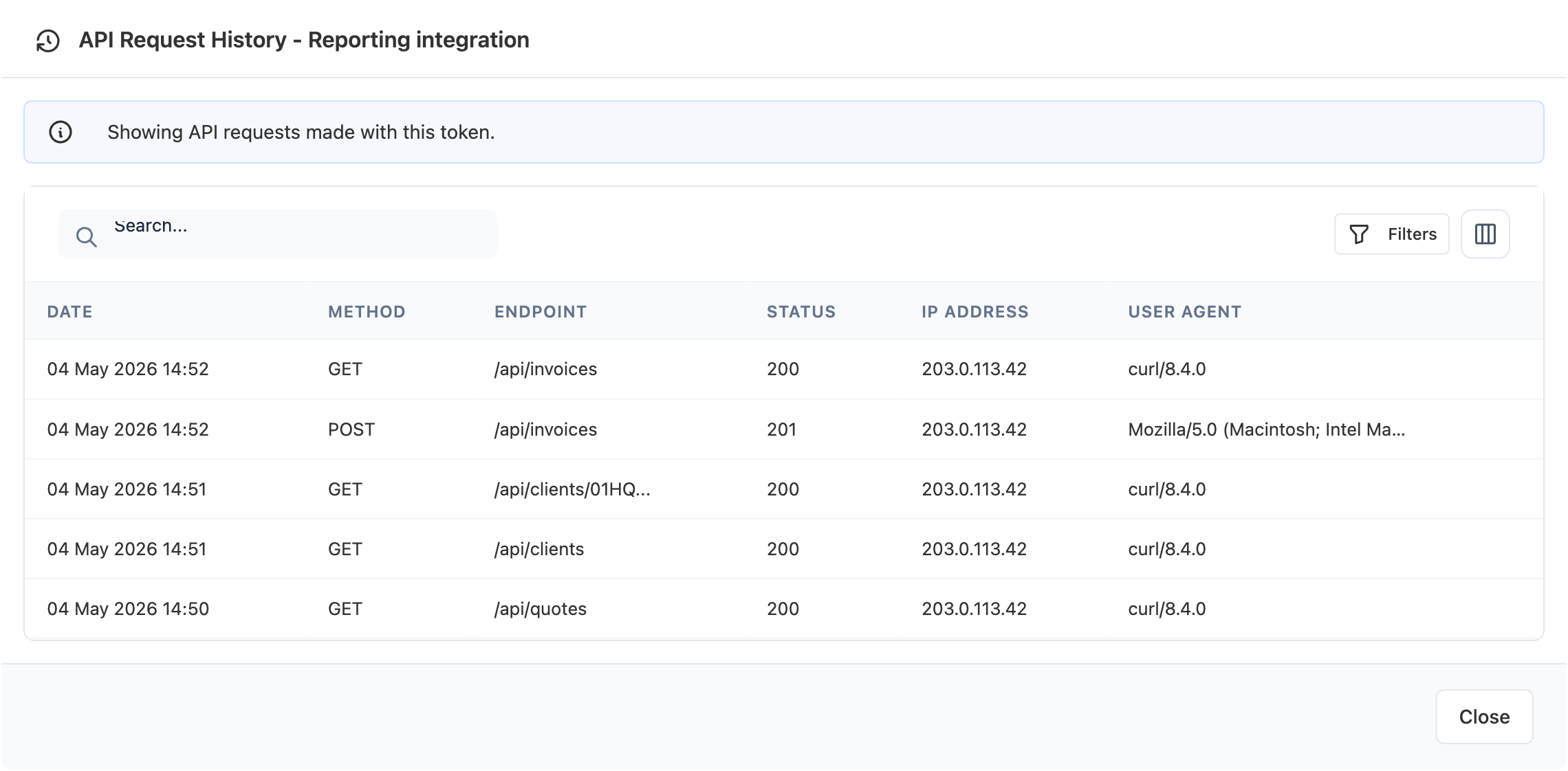 The API Request History modal listing recent calls with method, endpoint, status, IP address, and user agent