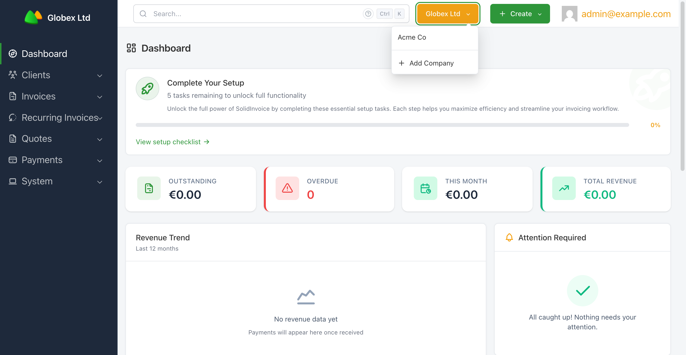 The topbar dropdown showing other companies you can switch to