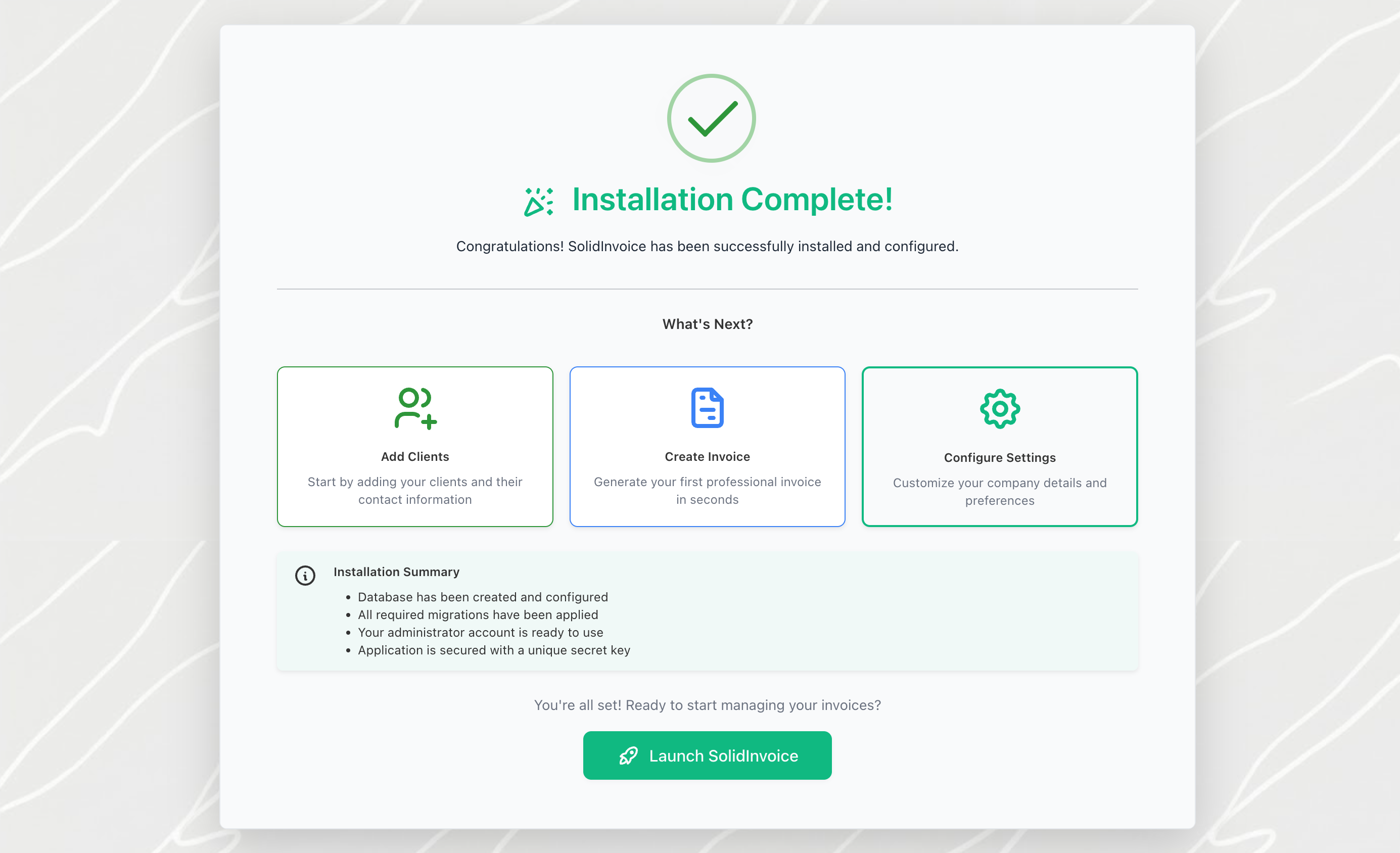The finish screen with the Launch SolidInvoice button