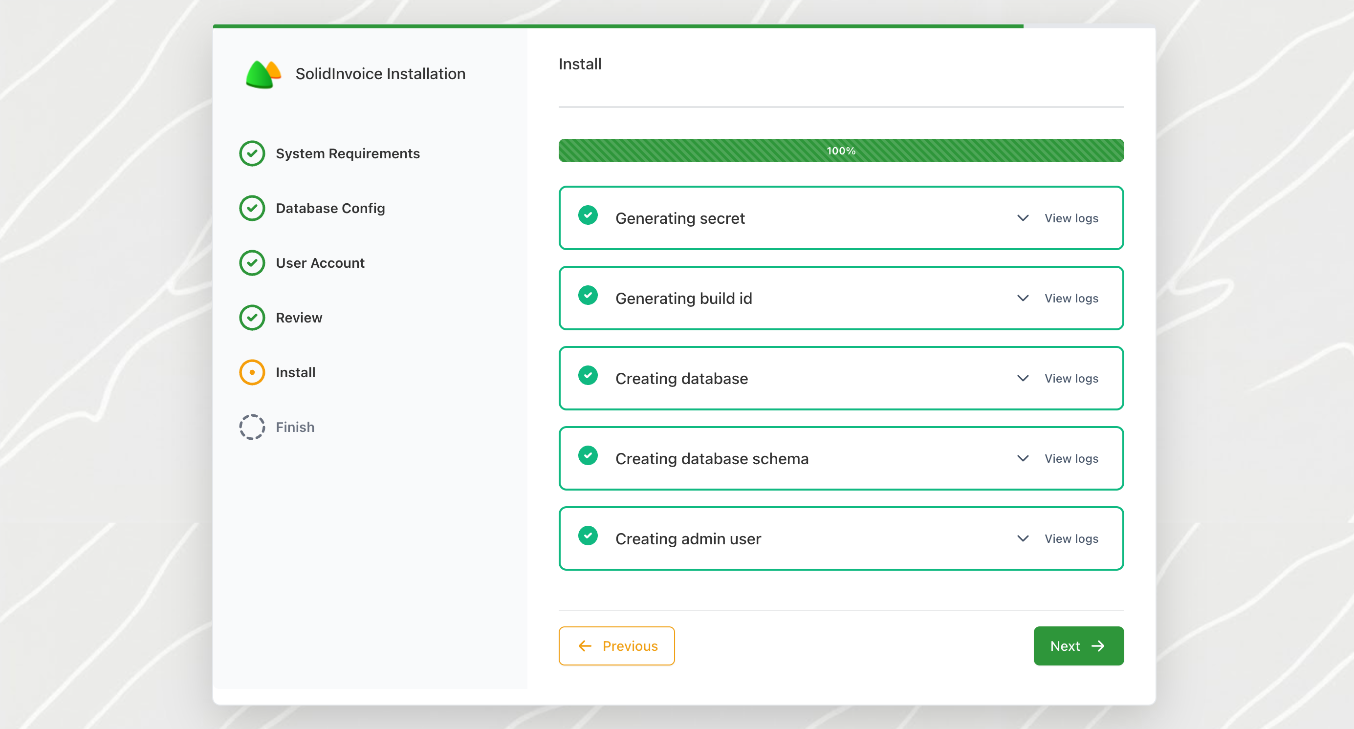 The install screen with all five sub-steps complete