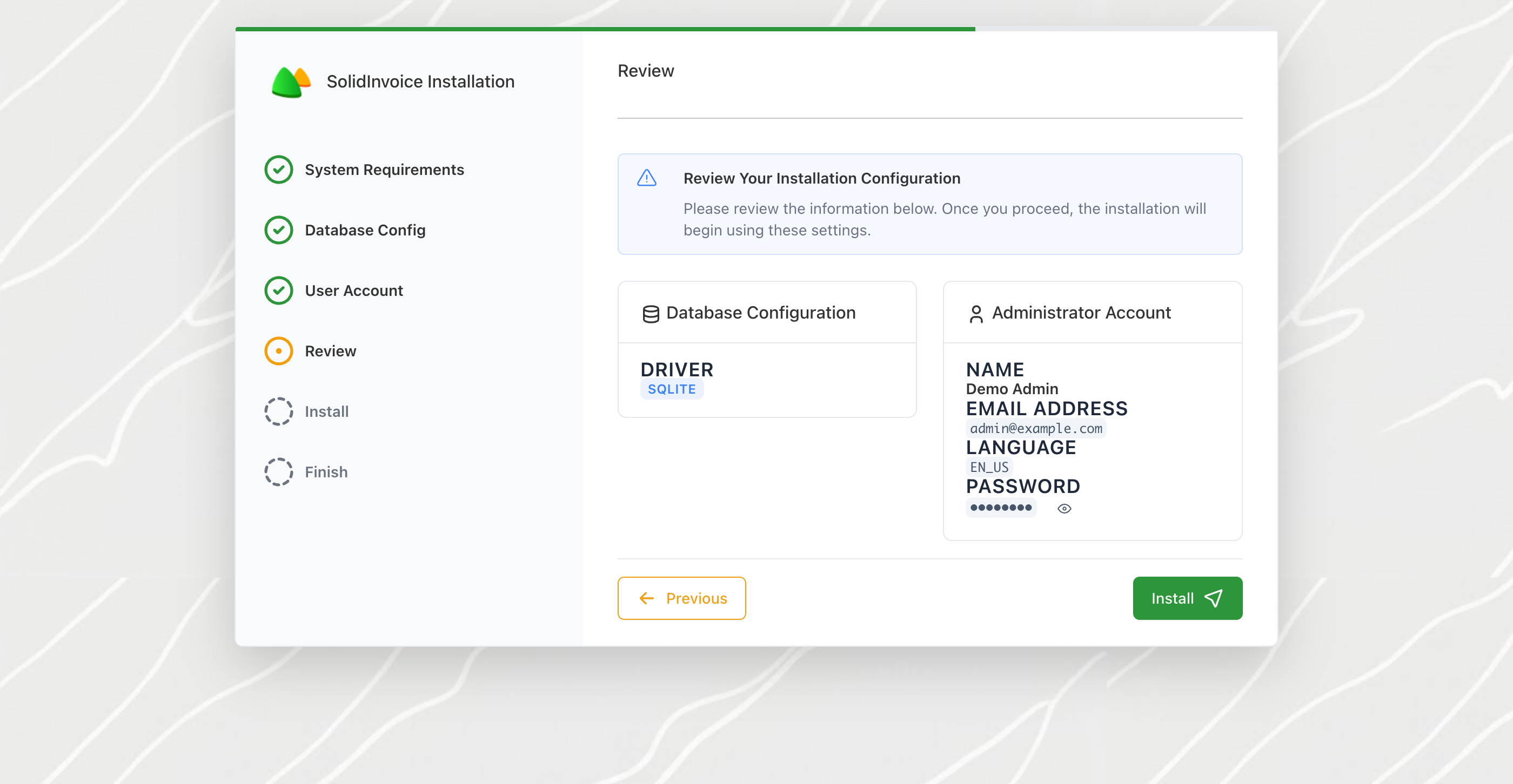 The review screen summarising the chosen database driver and admin account