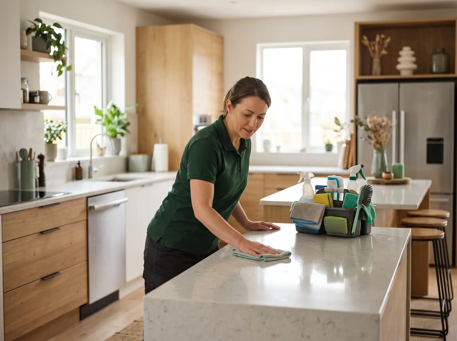 Professional cleaner wiping down a bright kitchen counter