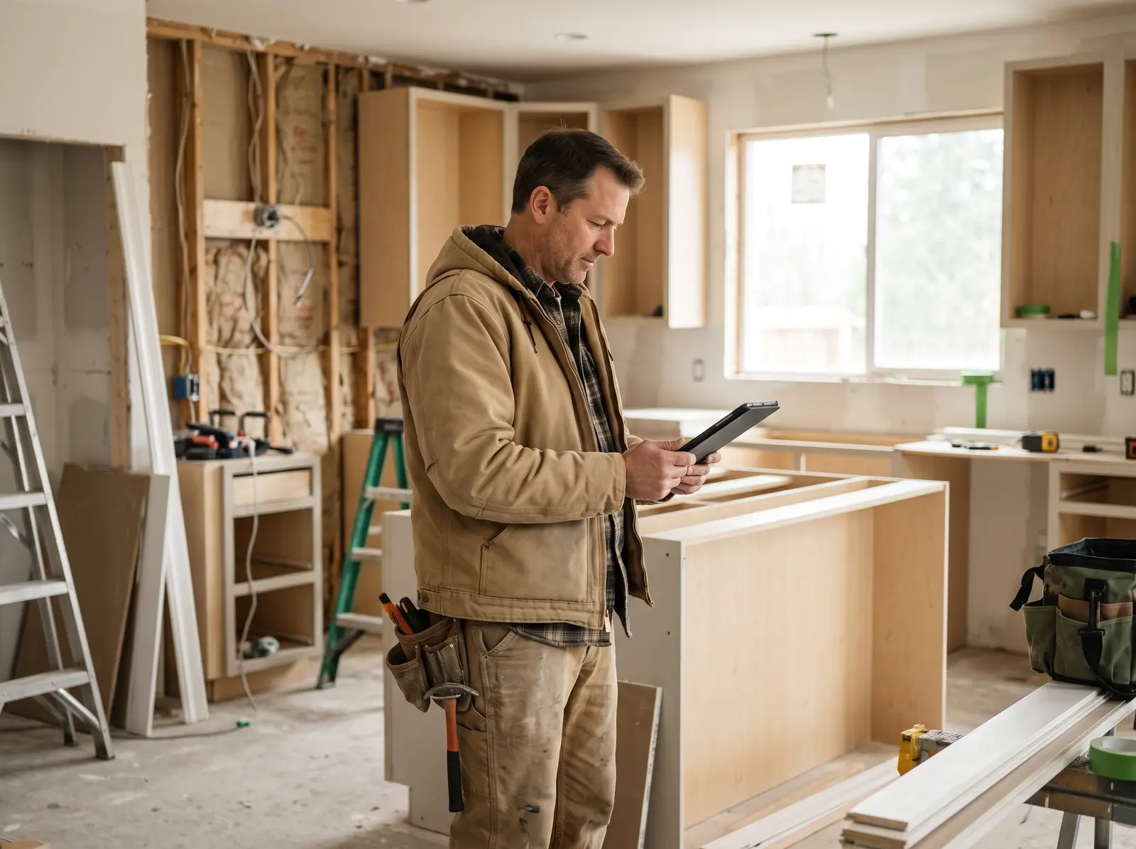 General contractor reviewing a tablet in a kitchen remodel