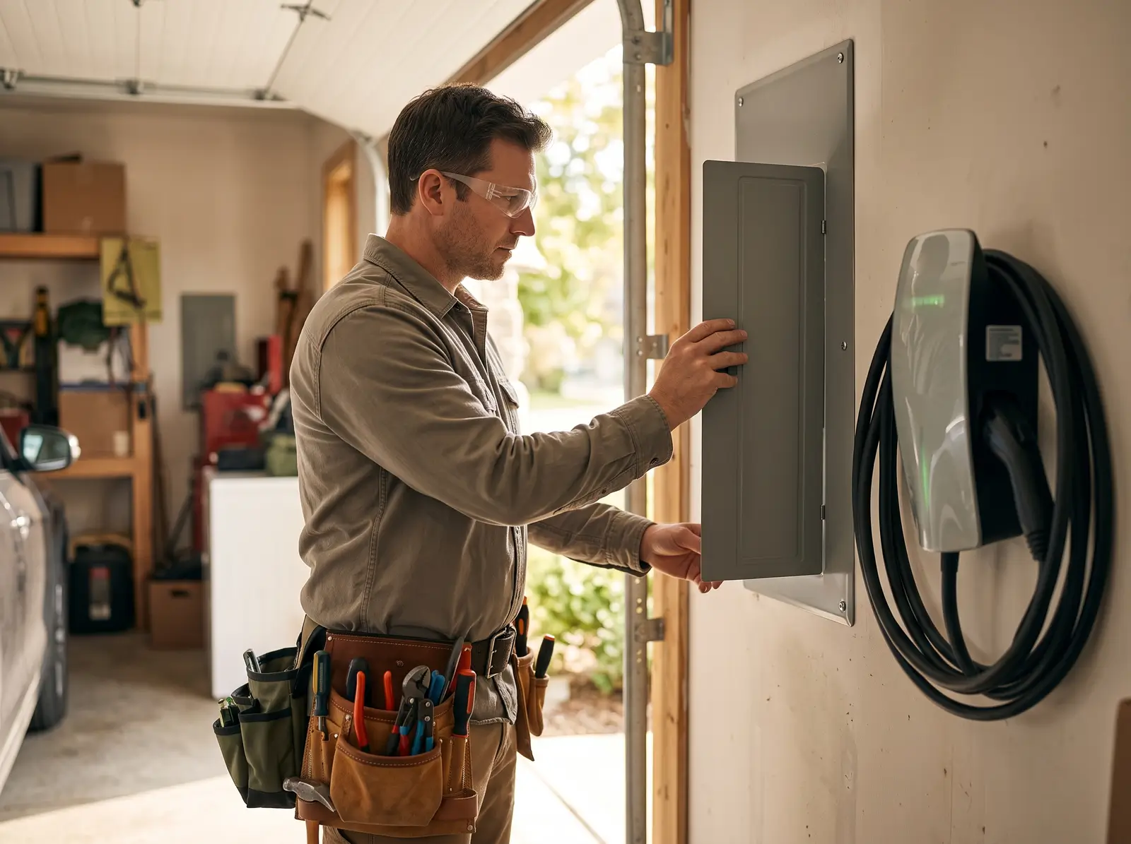 Electrician closing a residential breaker panel next to an EV charger