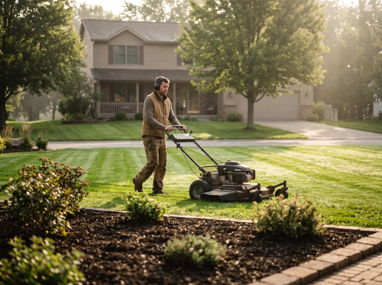 Landscaper mowing a striped lawn in front of a suburban house