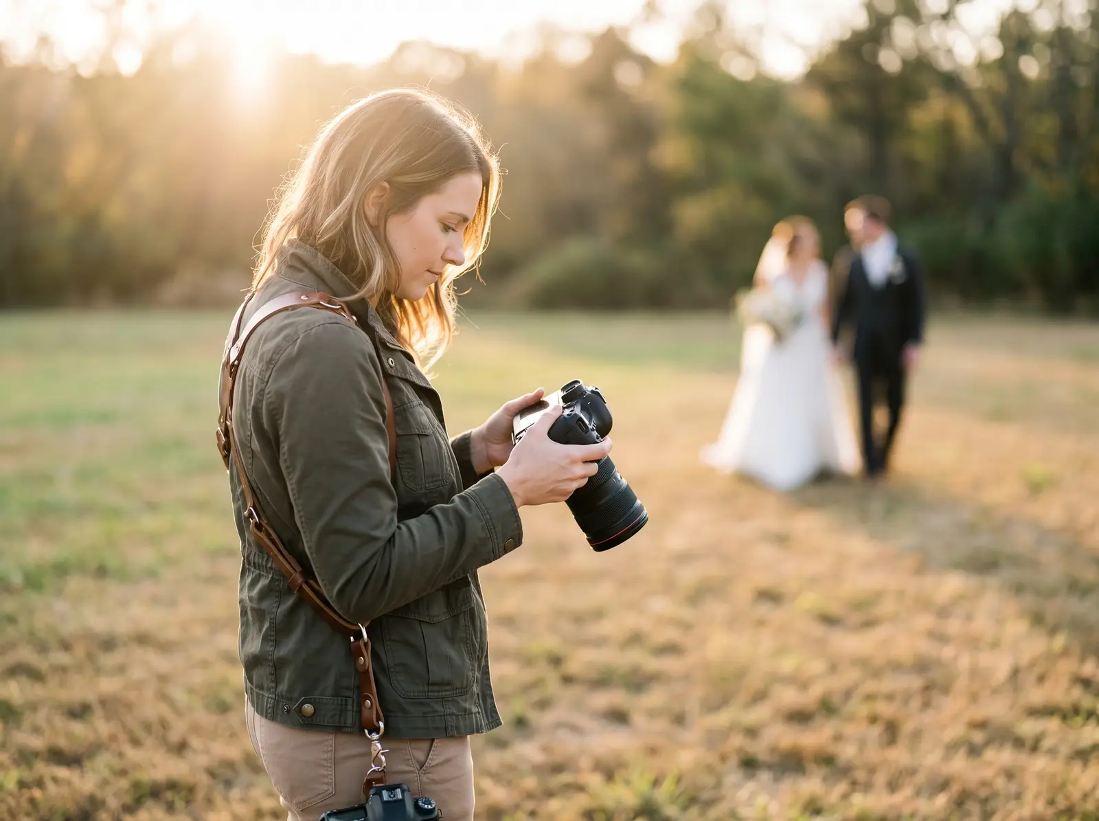 Wedding photographer checking a shot at golden hour