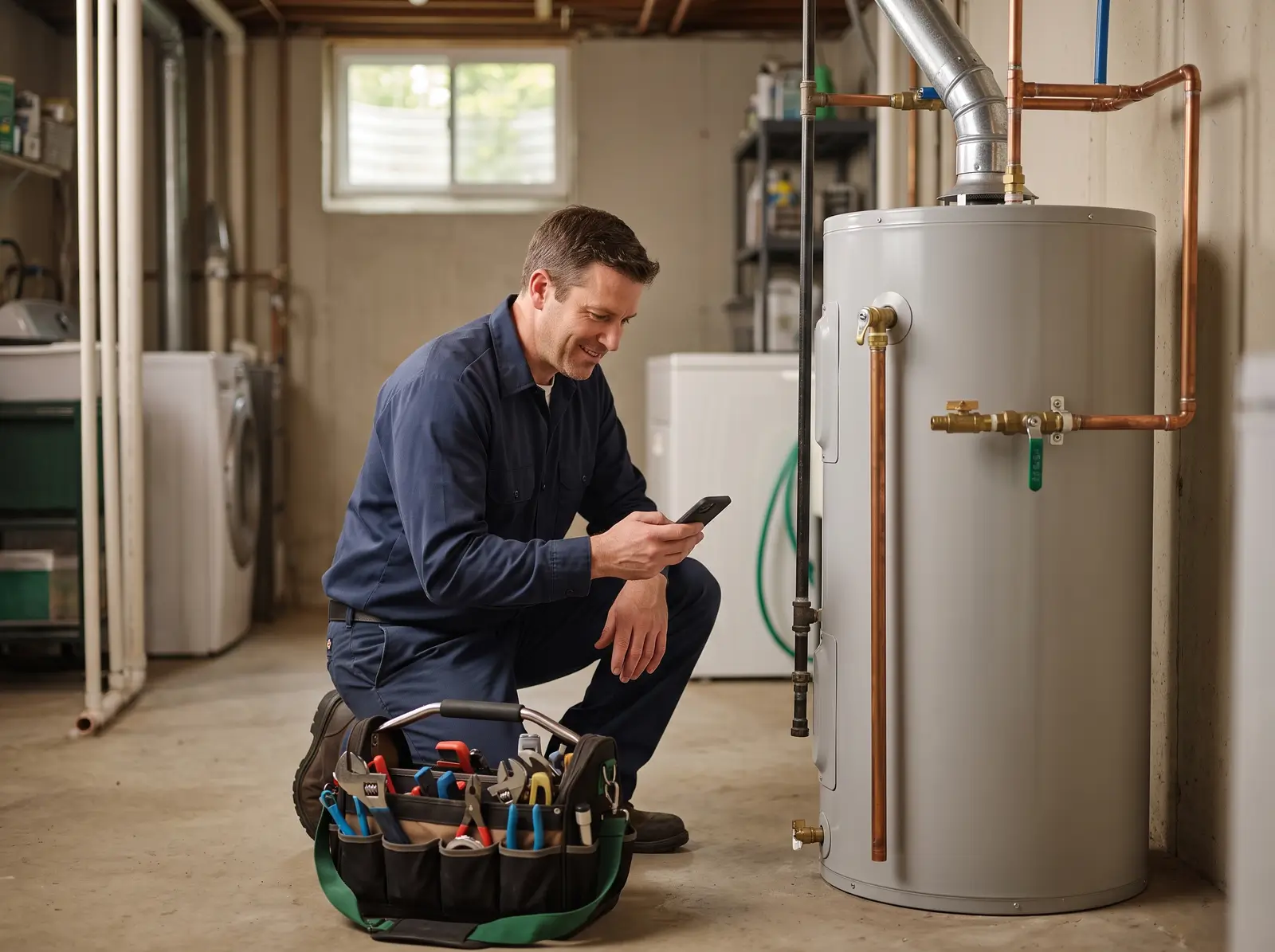 Plumber checking a phone beside a newly installed water heater