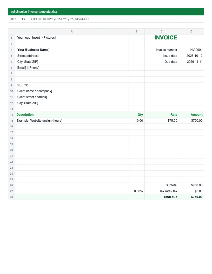 Excel invoice template showing business and client cells, line items in rows 15 to 24, and the Amount formula Qty times Rate in column D