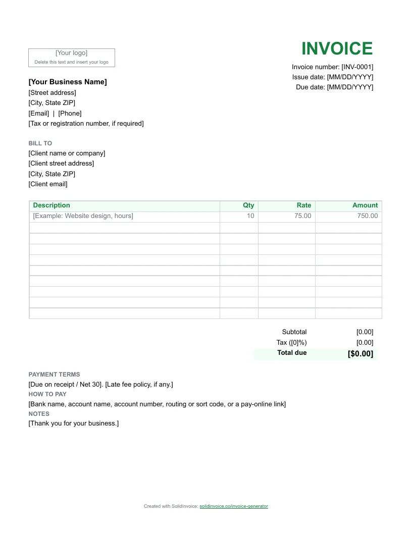 Google Docs invoice template with a logo box, business and client placeholders, a line-item table with Description, Qty, Rate and Amount columns, and subtotal, tax and total rows
