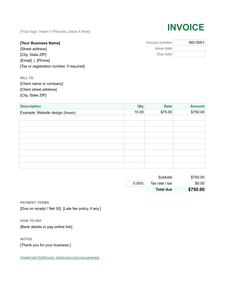 Google Sheets invoice template with business and client cells, line items in rows 15 to 24, and the subtotal, tax rate and total due calculated in column D