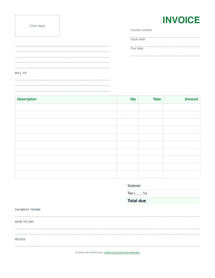 Blank printable PDF invoice with a logo box, ruled lines for business and client details, a 10-row line-item table, and subtotal, tax and total rows