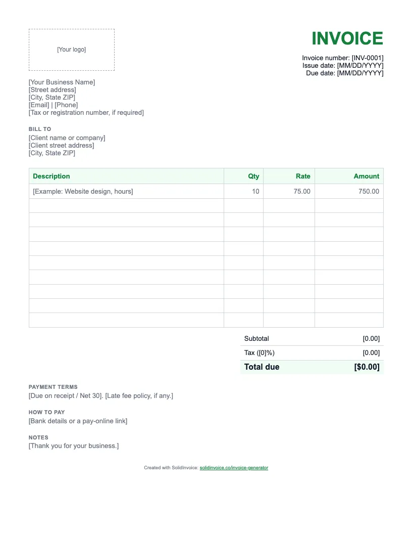 Word invoice template with a logo box, business and client placeholders, a line-item table with Description, Qty, Rate and Amount columns, and subtotal, tax and total rows